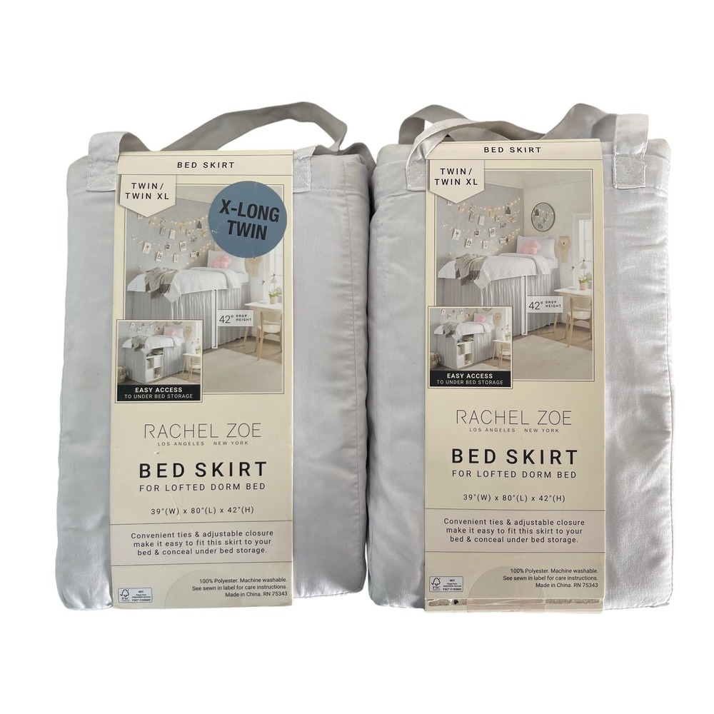 Rachel Zoe Twin/Twin XL Bed Skirt Set of 2 Lofted Dorm Bed 39x80x42‎ Light Grey